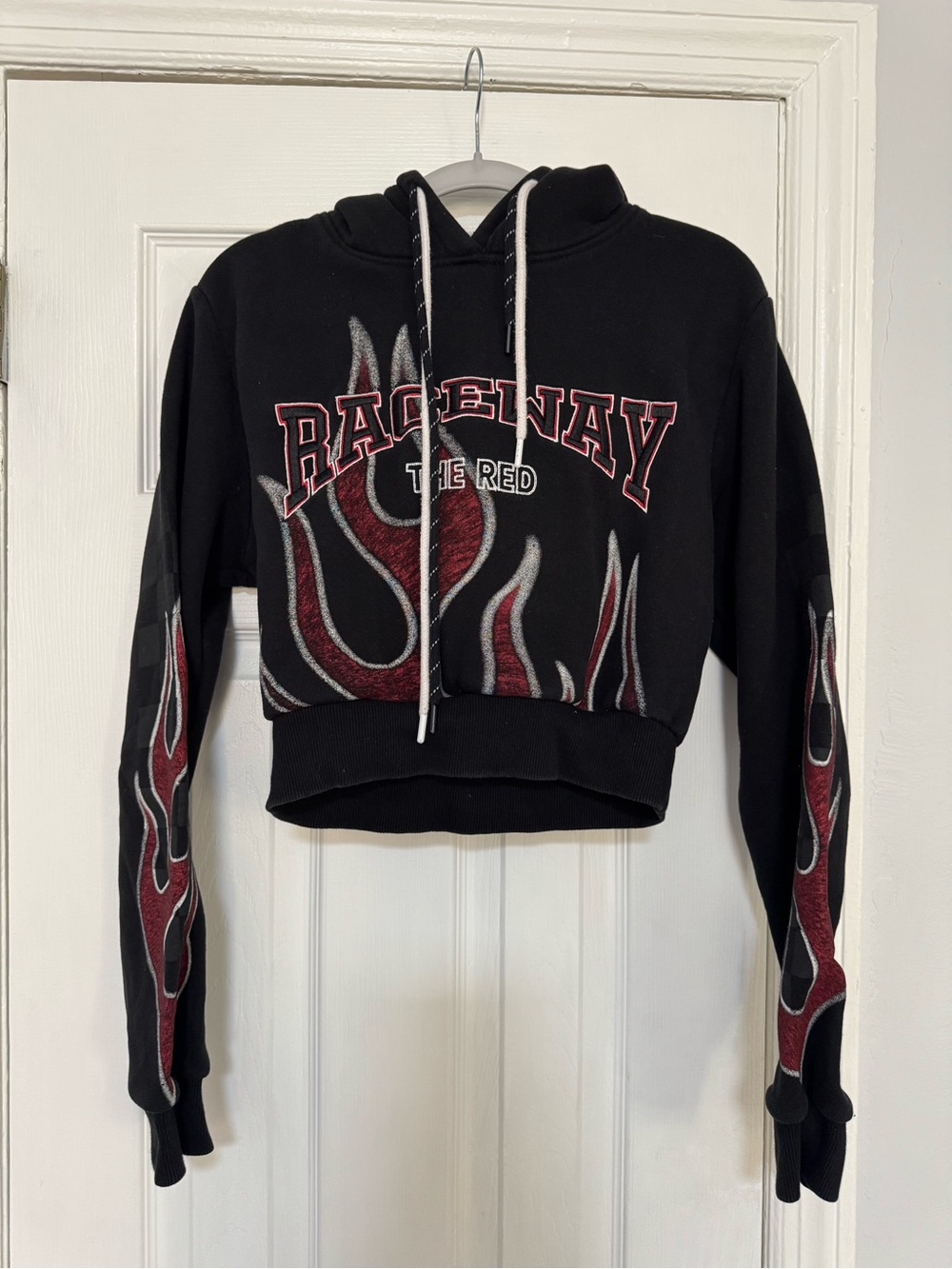 Smoke Rise Red Cropped Hoodie Flame Graphic Race Car Black Size S